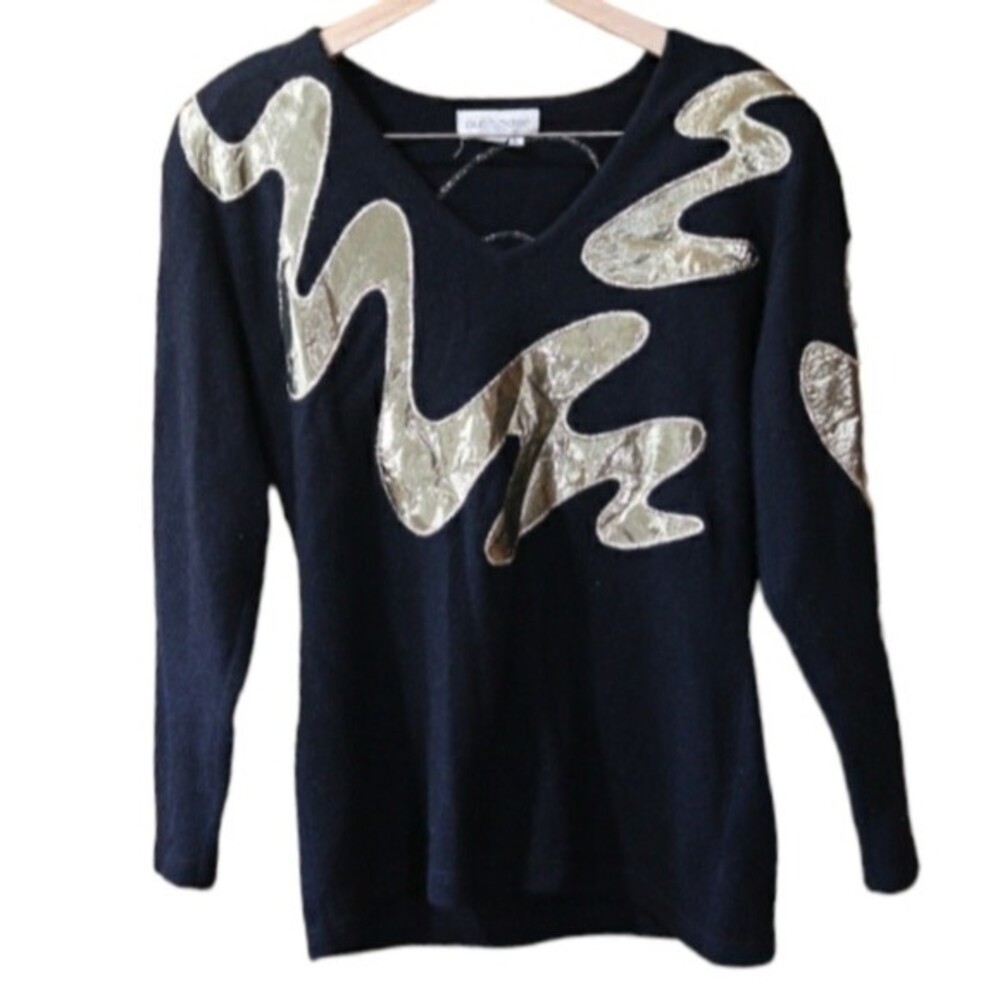 Outlander Vintage Black Metallic Gold Swirl Abstract Wool Angora Sweater
